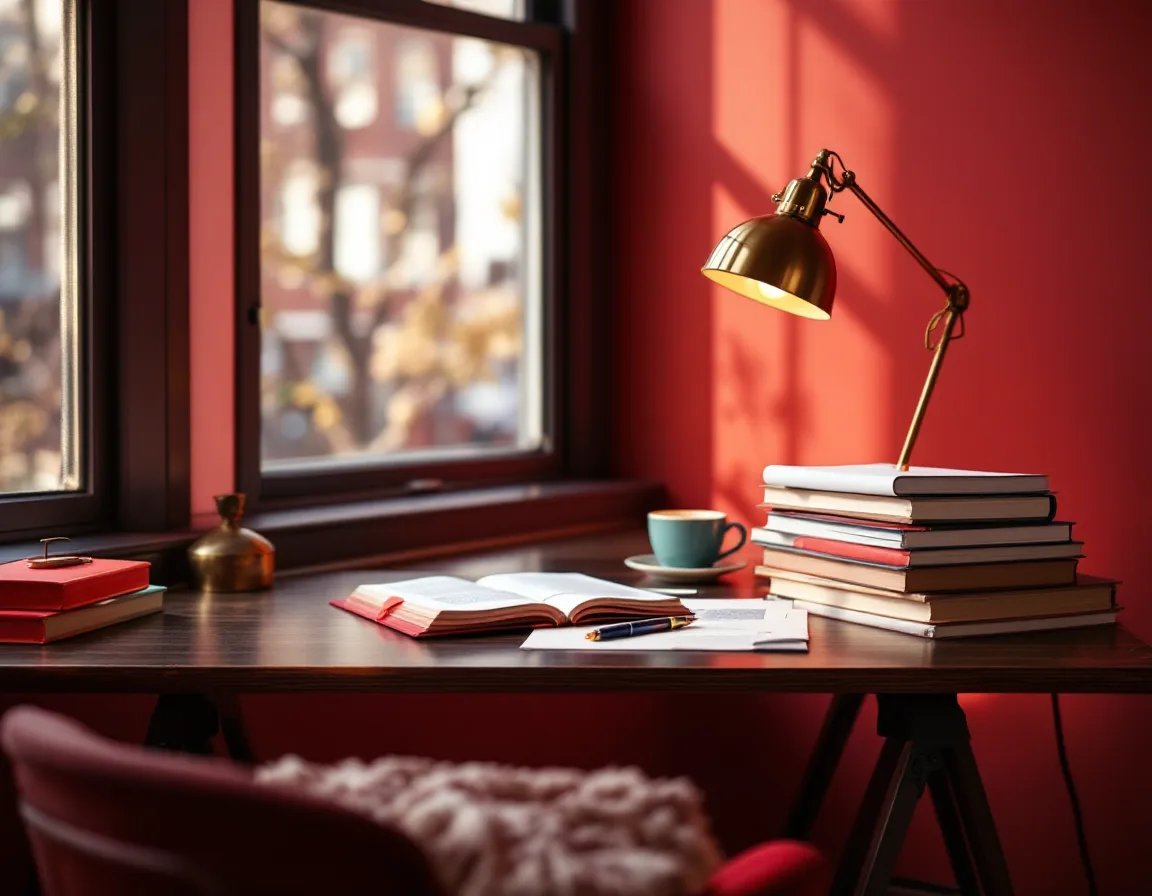 A writing desk in a Brooklyn brownstone with a gold lamp, marked-up funder guidelines and a fountain pen
