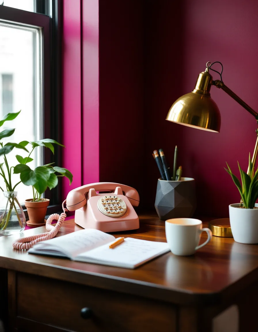 A blush desk telephone, a legal pad and a coffee cup under a gold lamp