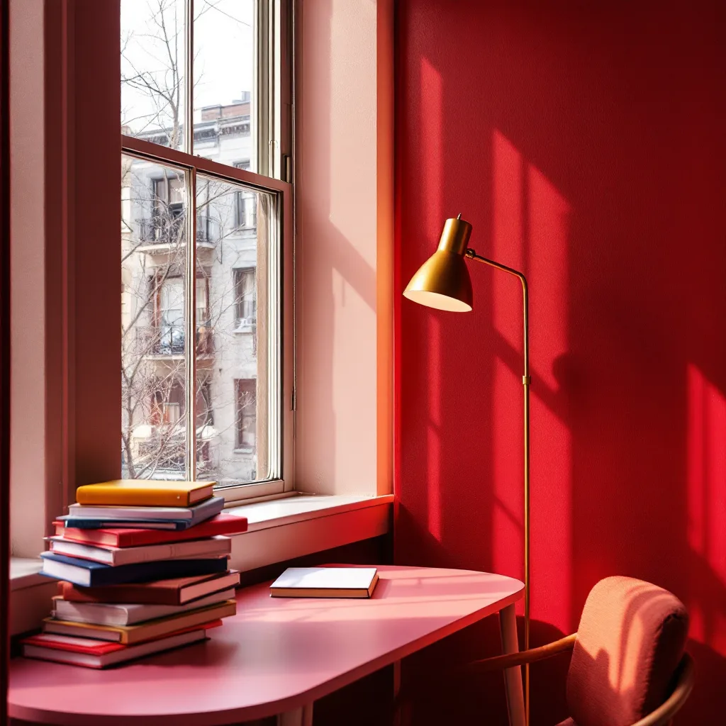 A sunlit brownstone studio with stacked binders and a gold lamp